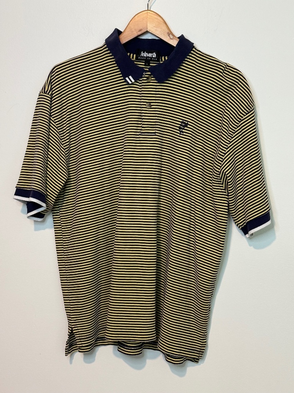 Vintage Ashworth Blue and Yellow Striped Polo Shirt Large